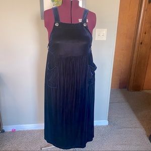 Blue Velvet Long Jumper Dress with Pockets and Buttons